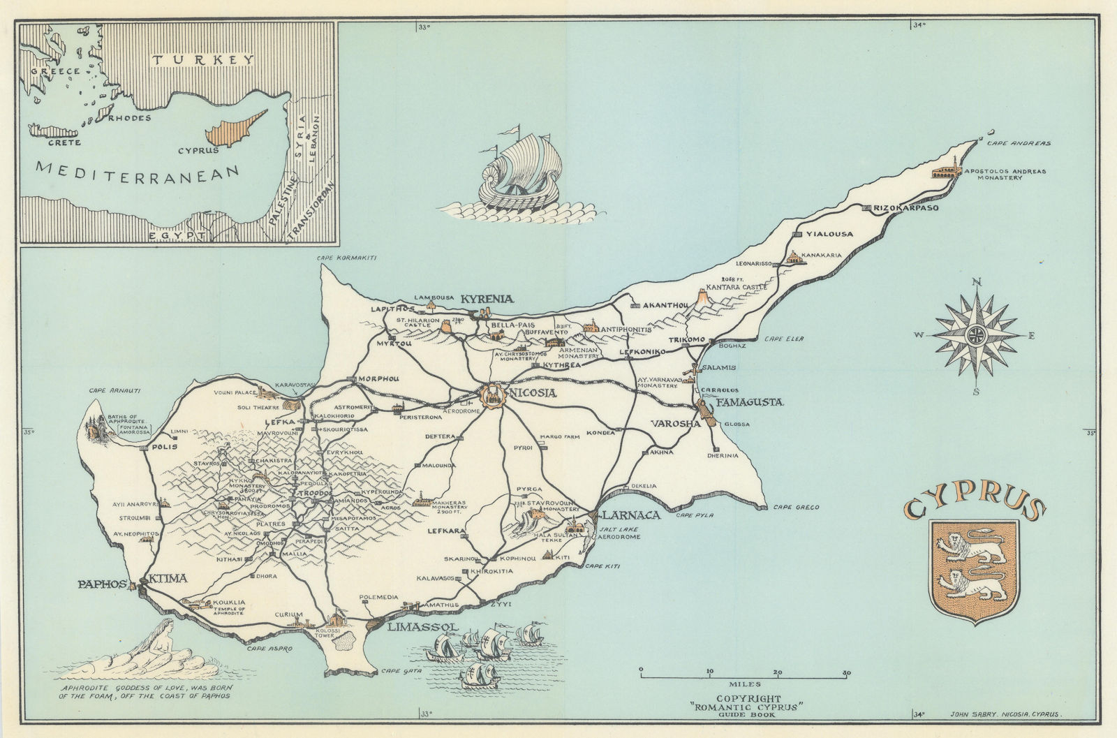 Pictorial map of Cyprus by John Sabry 1948 old vintage plan chart