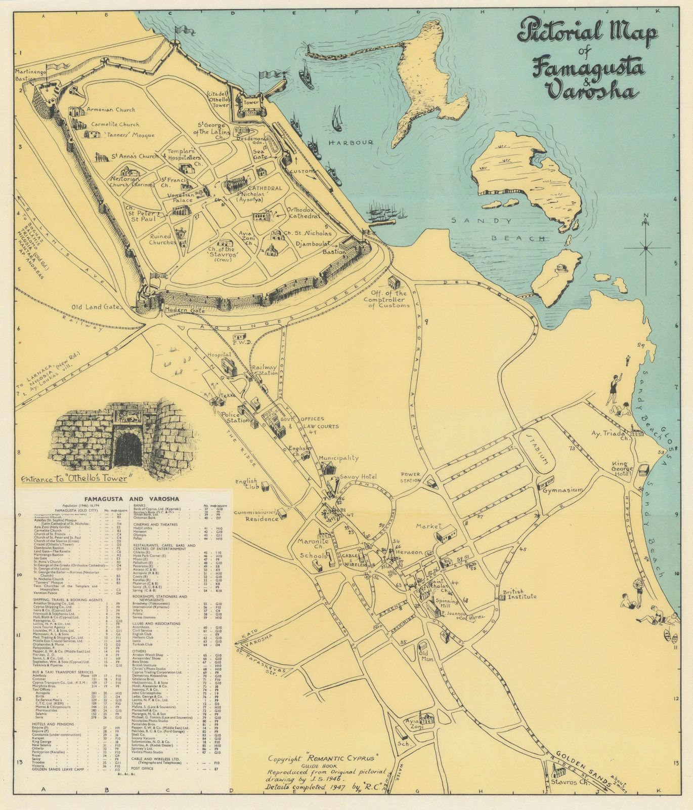 Associate Product Famagusta & Varosha pictorial map vintage city plan Gazimagusa Cyprus SABRY 1951