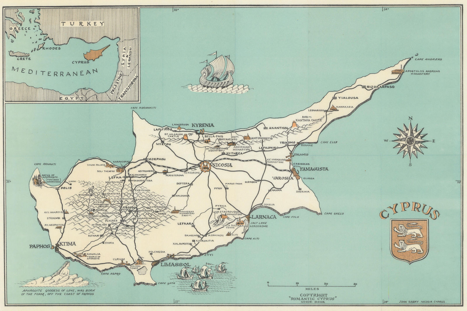 Pictorial map of Cyprus by John Sabry 1951 old vintage plan chart