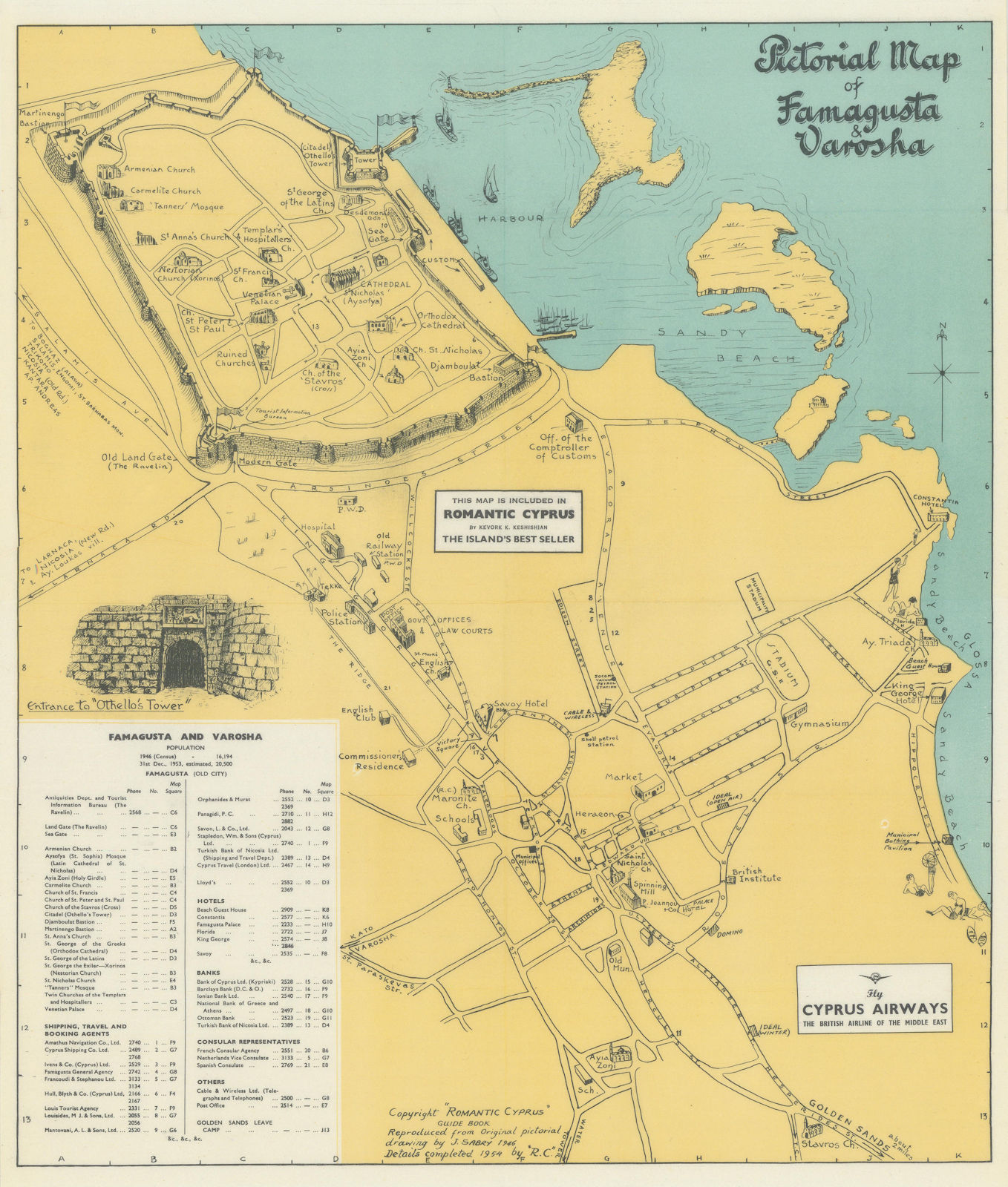 Associate Product Famagusta & Varosha pictorial map vintage city plan Gazimagusa Cyprus SABRY 1954
