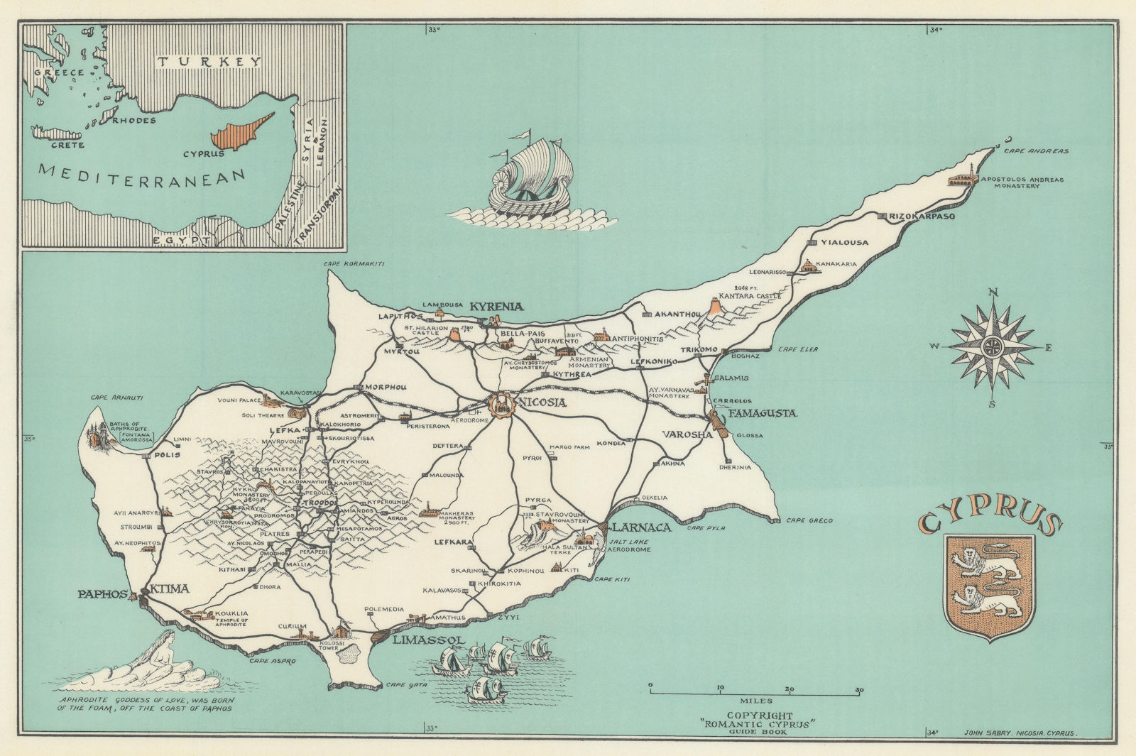 Pictorial map of Cyprus by John Sabry 1954 old vintage plan chart
