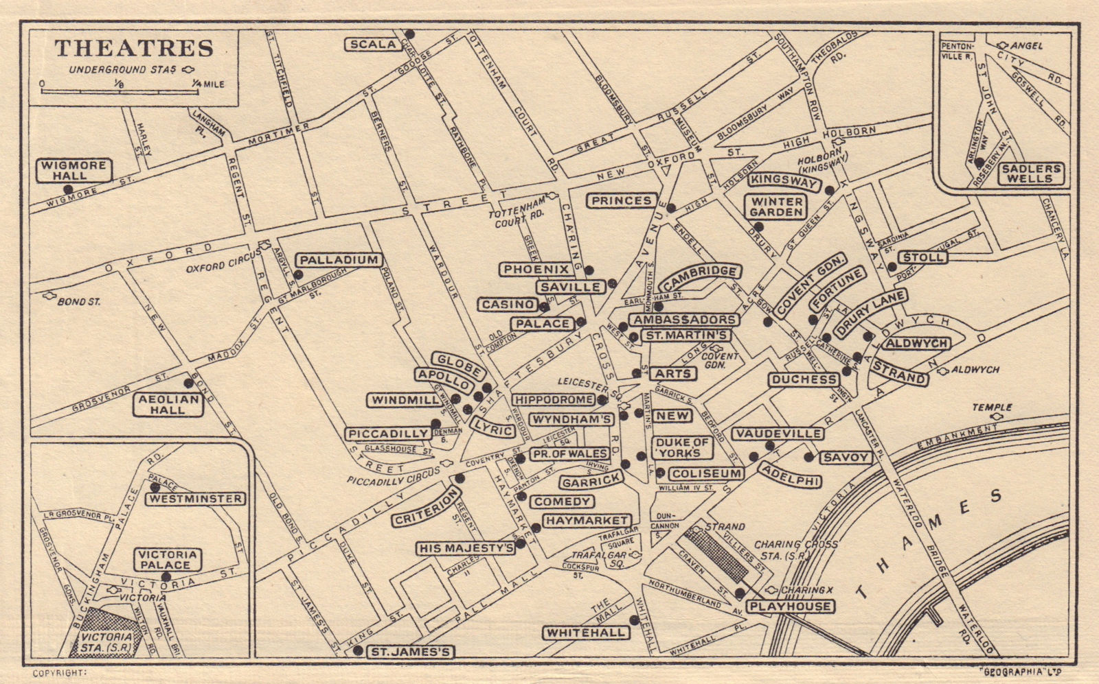 LONDON WEST END THEATRES. Covent Garden St James's Shaftesbury Avenue 1948 map