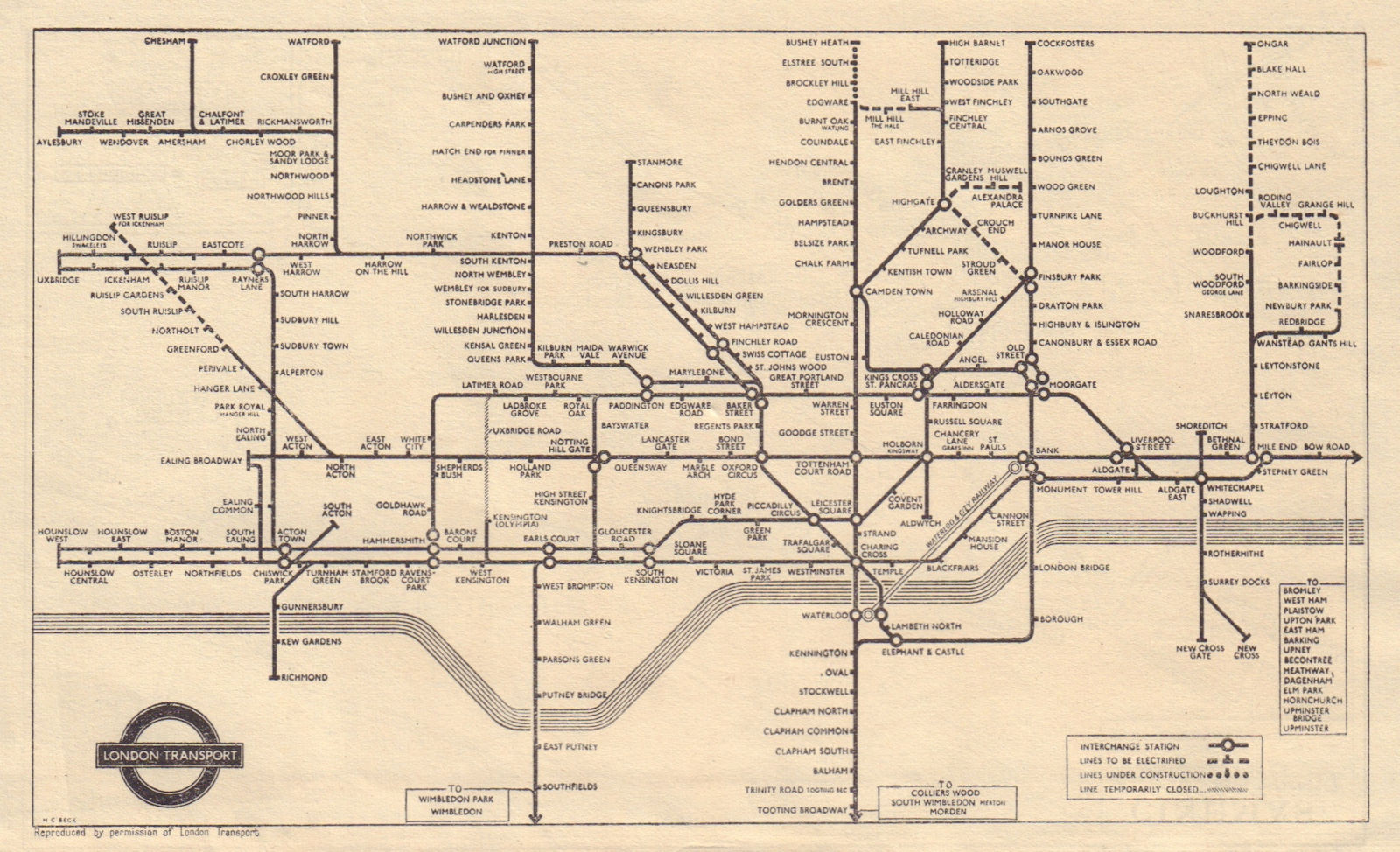 LONDON UNDERGROUND Tube map. Central Line extension U/C. HARRY BECK 1948