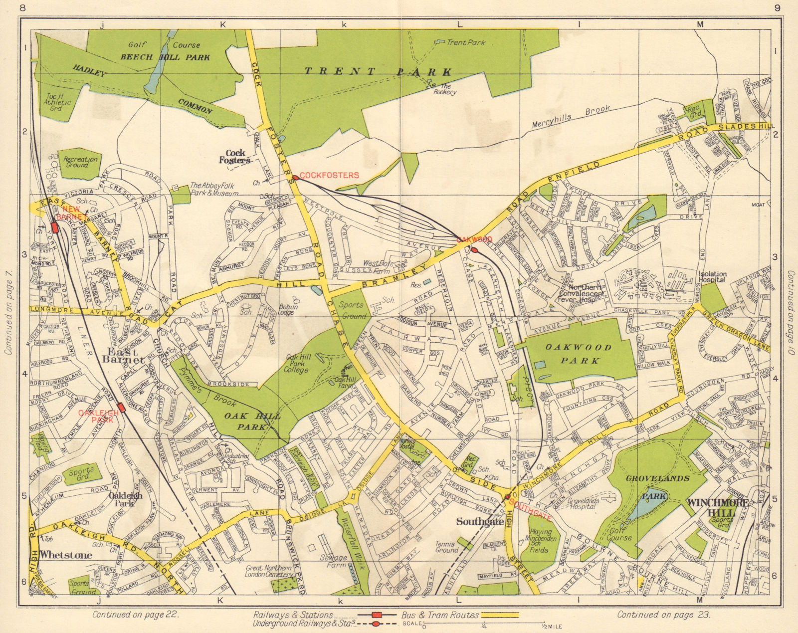 N LONDON. Southgate Cockfosters Oakleigh Park East Barnet Winchmore 1948 map