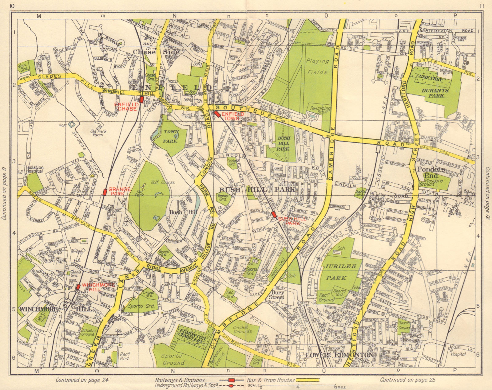 N LONDON. Enfield Ponder's End Edmonton Winchmore Hill Bush Hill Park 1948 map