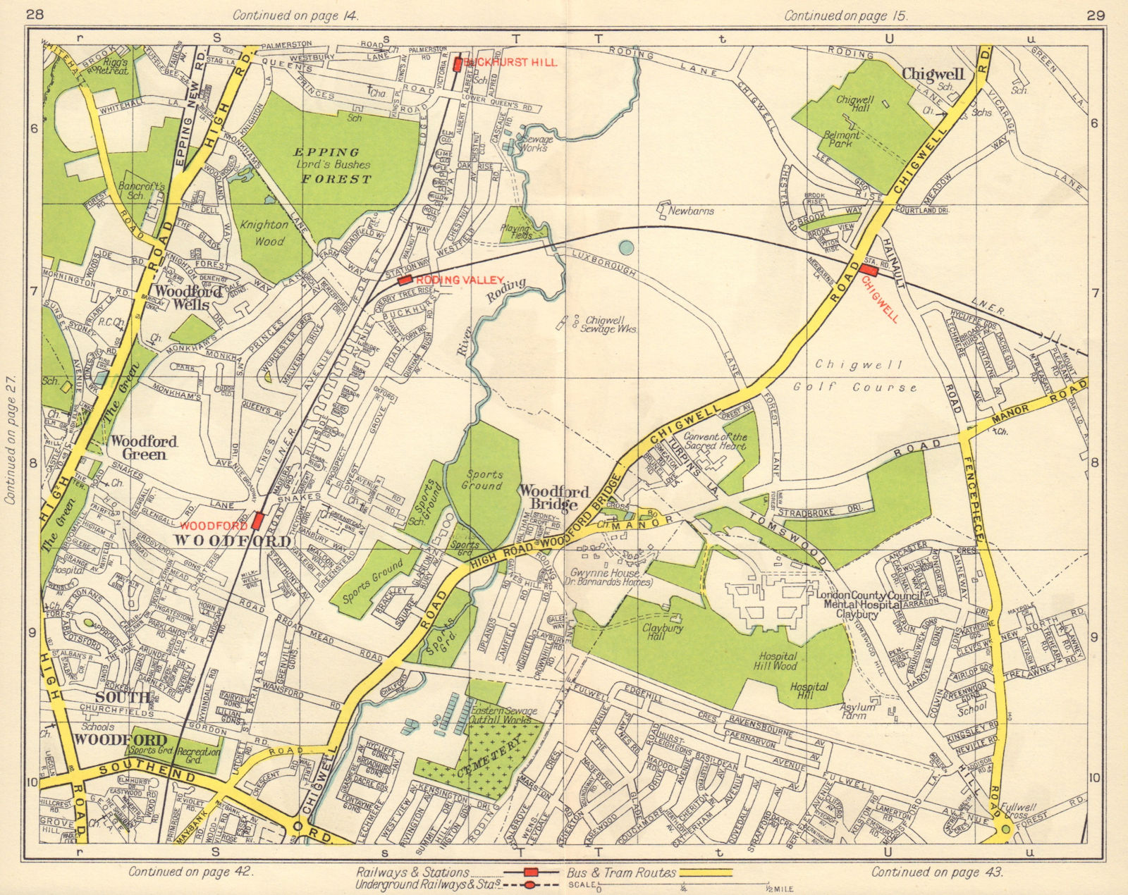 NE LONDON. South Woodford Green Chigwell Grange Hill Roding Valley 1948 map