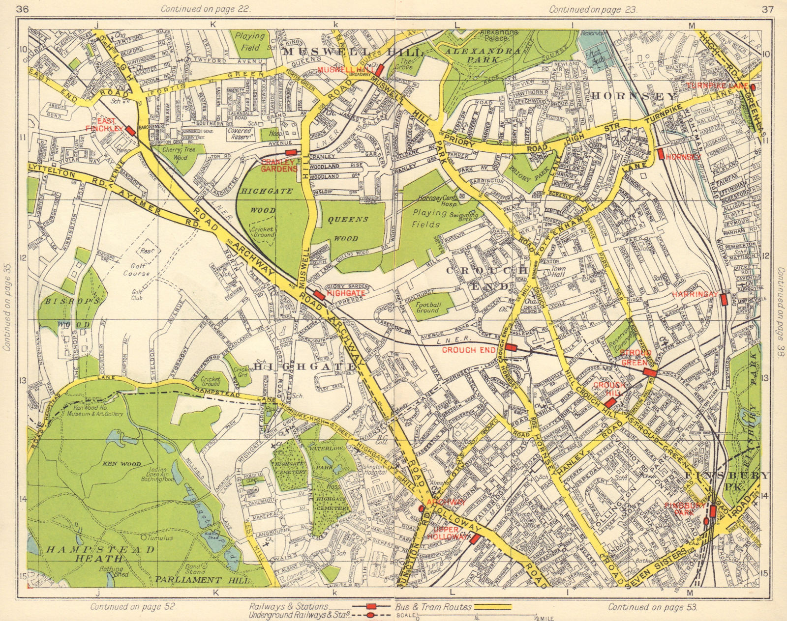 N LONDON. Muswell Hill Hornsey Stoud Green Crouch End Highgate 1948 old map