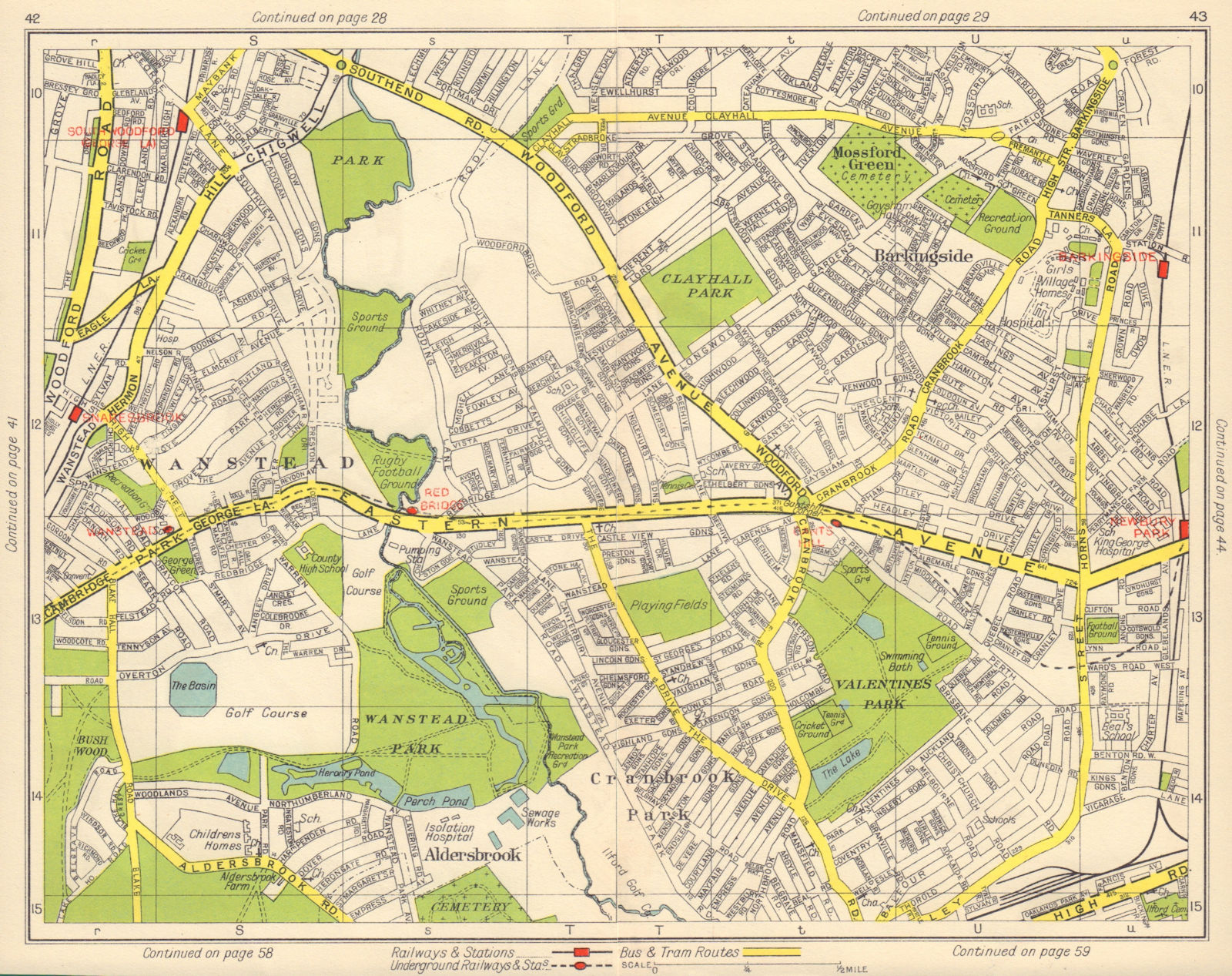 NE LONDON Wanstead Mossford Green Cranbrook Park Barkingside Woodford 1948 map
