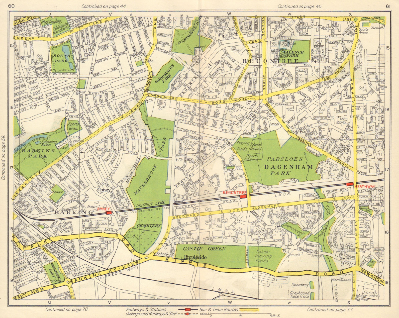Associate Product E LONDON. Becontree Dagenham Barking Rippleside Upney Goodmayes Park 1948 map