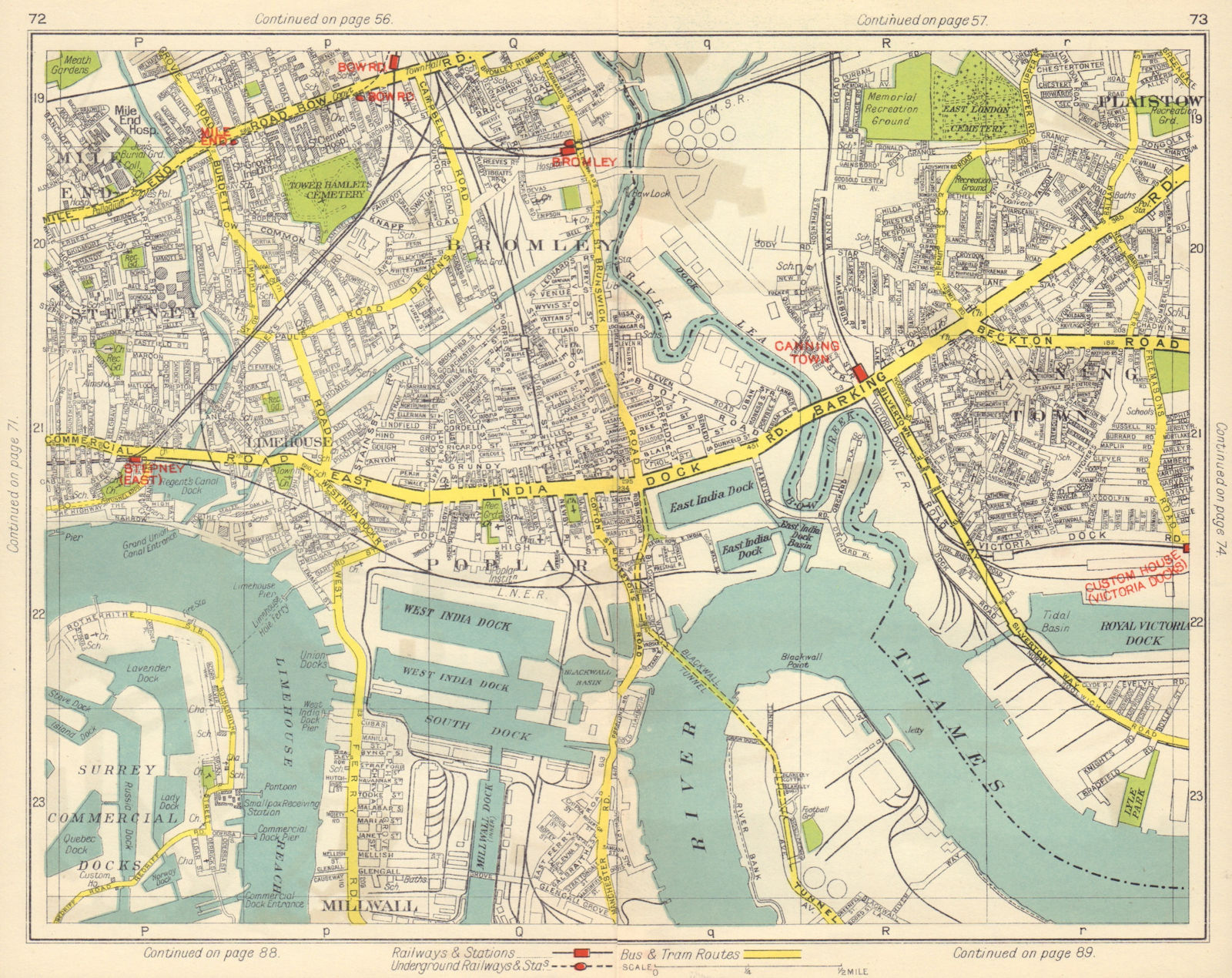 E LONDON. Bromley Mile End Limehouse Canning Town Millwall Poplar 1948 old map