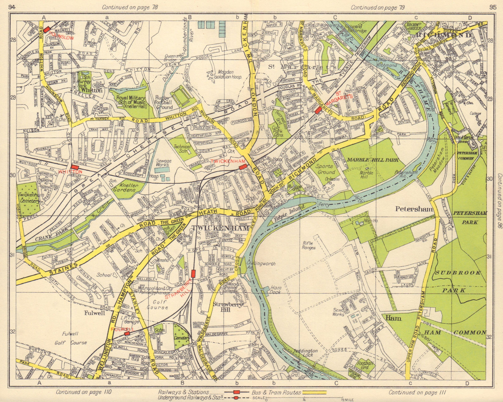 SW LONDON Richmond Twickenham Petersham Strawberry Hill Fulwell 1948 old map