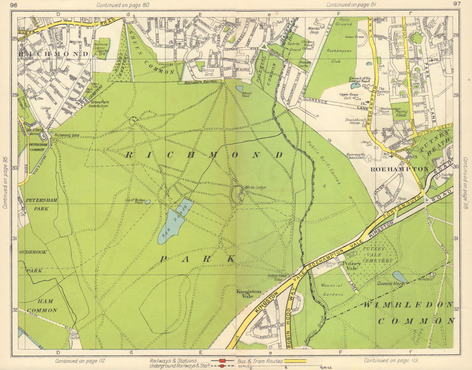 RICHMOND PARK. East Sheen Roehampton Kingston Vale Wimbledon Common 1948 map