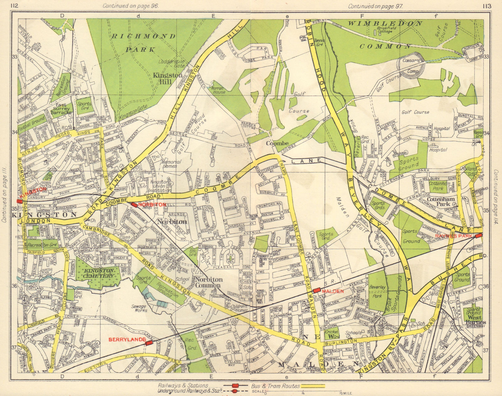 SW LONDON. Kingston Coombe Norbiton New Malden Berrylands Wimbledon 1948 map