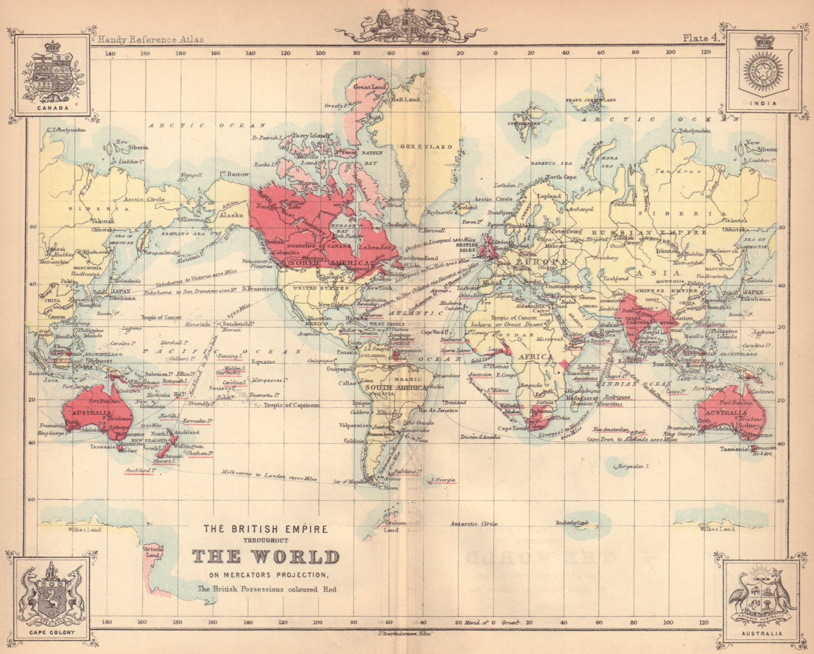 The British Empire throughout The World. BARTHOLOMEW 1888 old antique map