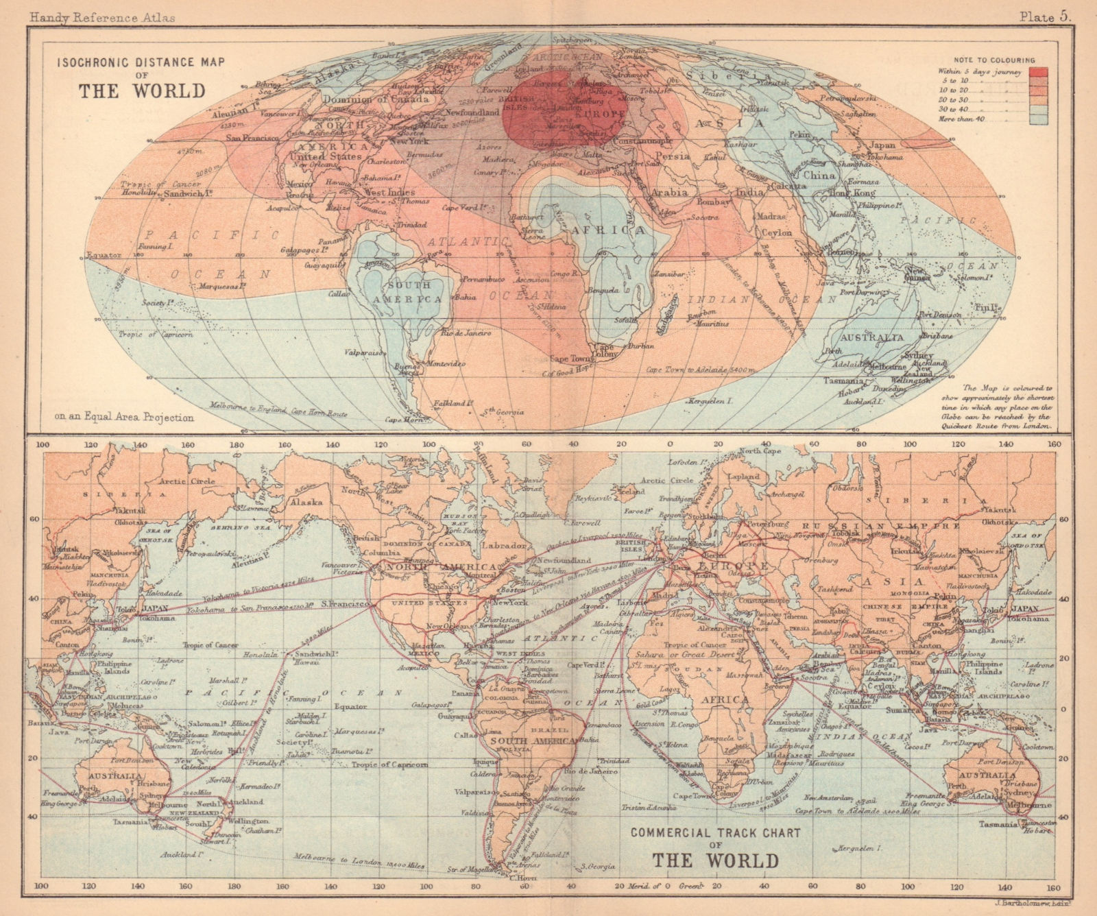 World. Isochronic distance from London. Trade routes. BARTHOLOMEW 1888 old map