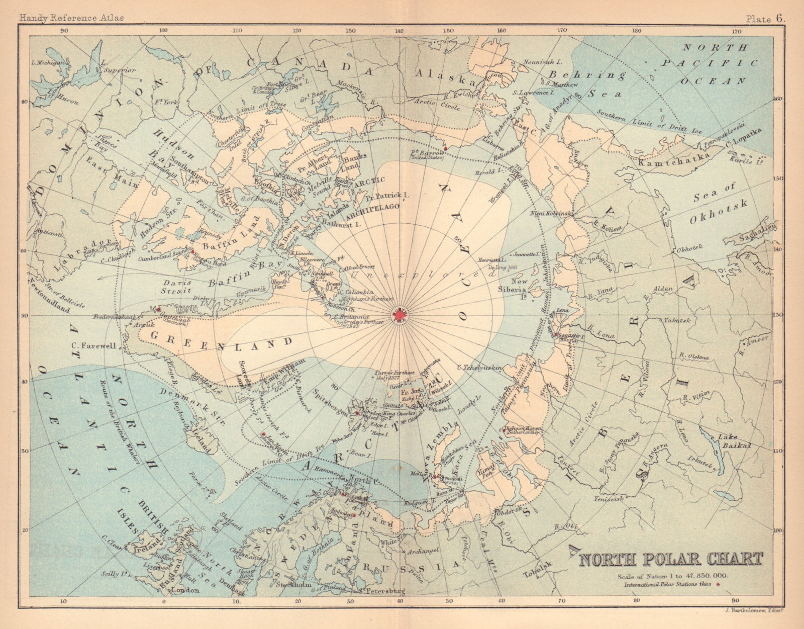 North Polar Chart. Arctic. North Pole. BARTHOLOMEW 1888 old antique map