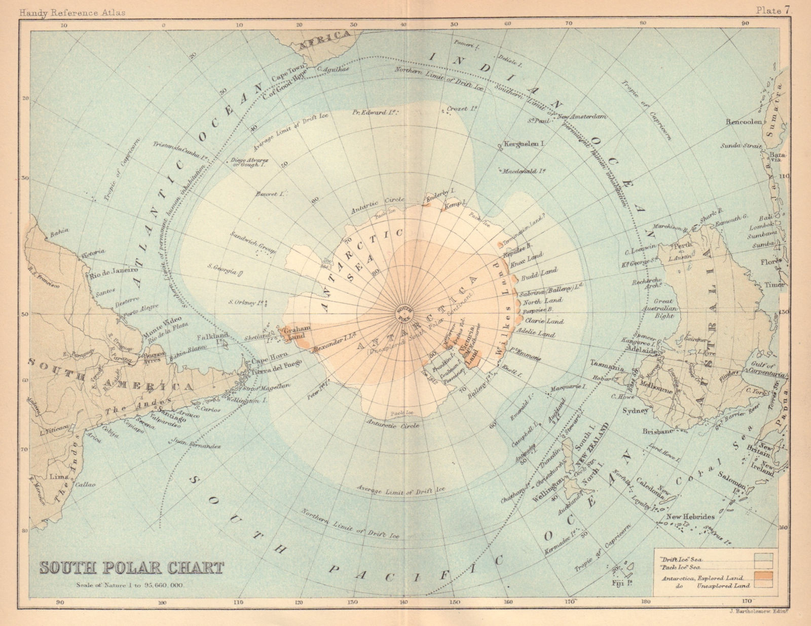 South Polar chart. Antarctic. South Pole. BARTHOLOMEW 1888 old antique map
