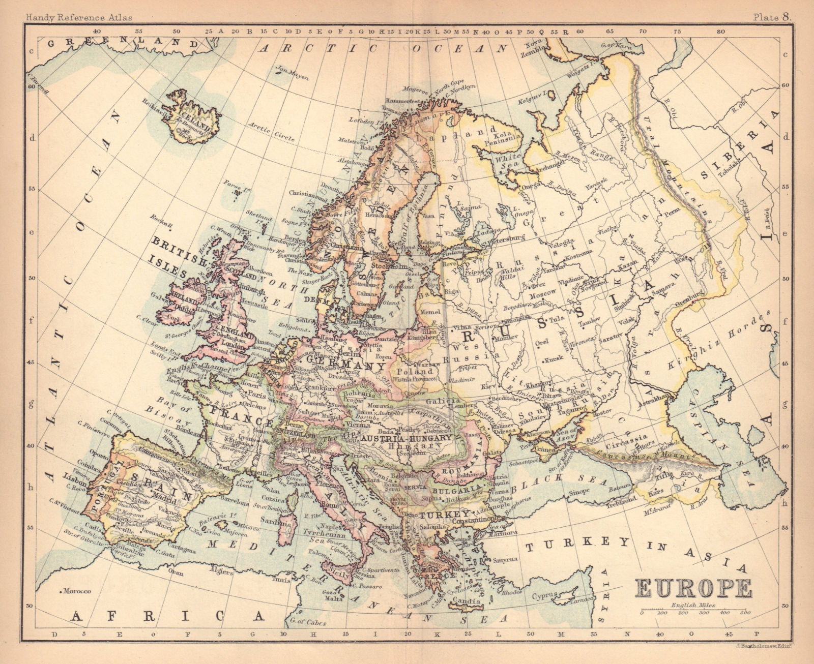 Europe political. Austria-Hungary. Turkey in Europe. BARTHOLOMEW 1888 old map