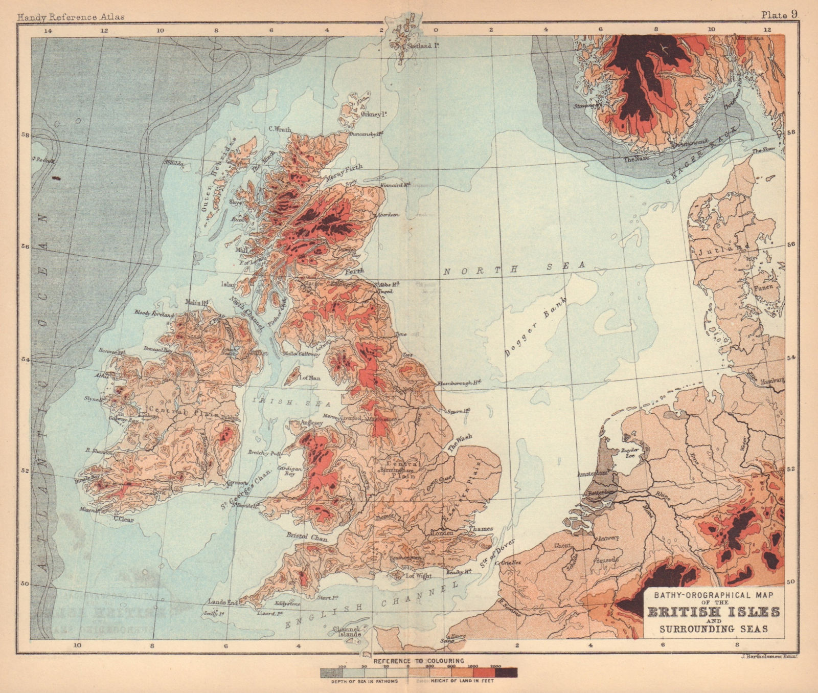 British Isles & Surrounding sea. Orographical. BARTHOLOMEW 1888 old map