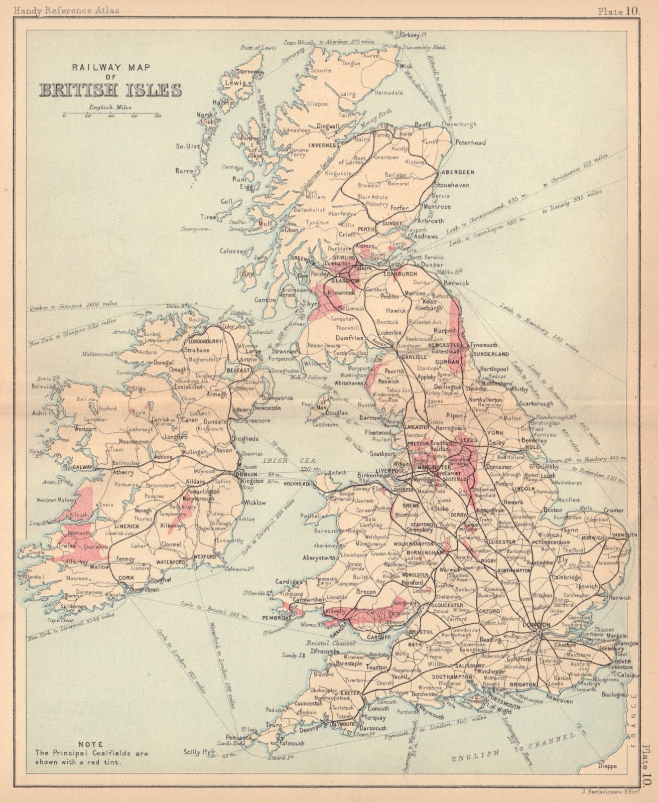 Railway Map of British Isles. Coalfields in pink. BARTHOLOMEW 1888 old