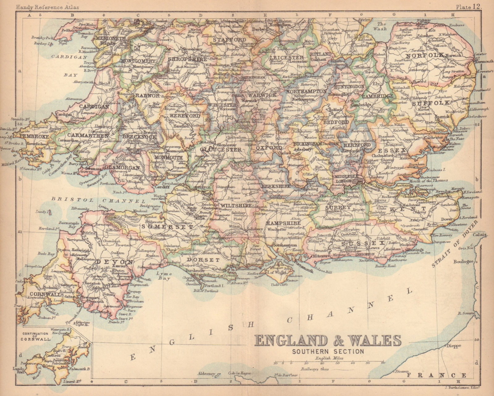 Southern England & Wales. BARTHOLOMEW 1888 old antique vintage map plan chart