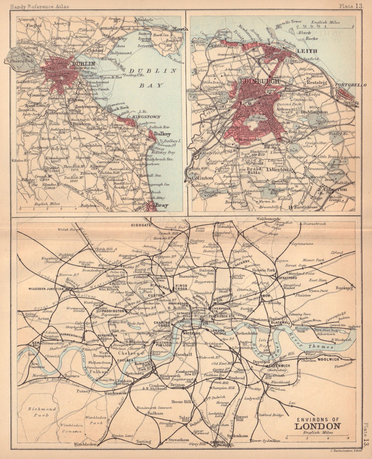 Environs of London, Dublin & Edinburgh. BARTHOLOMEW 1888 old antique map chart