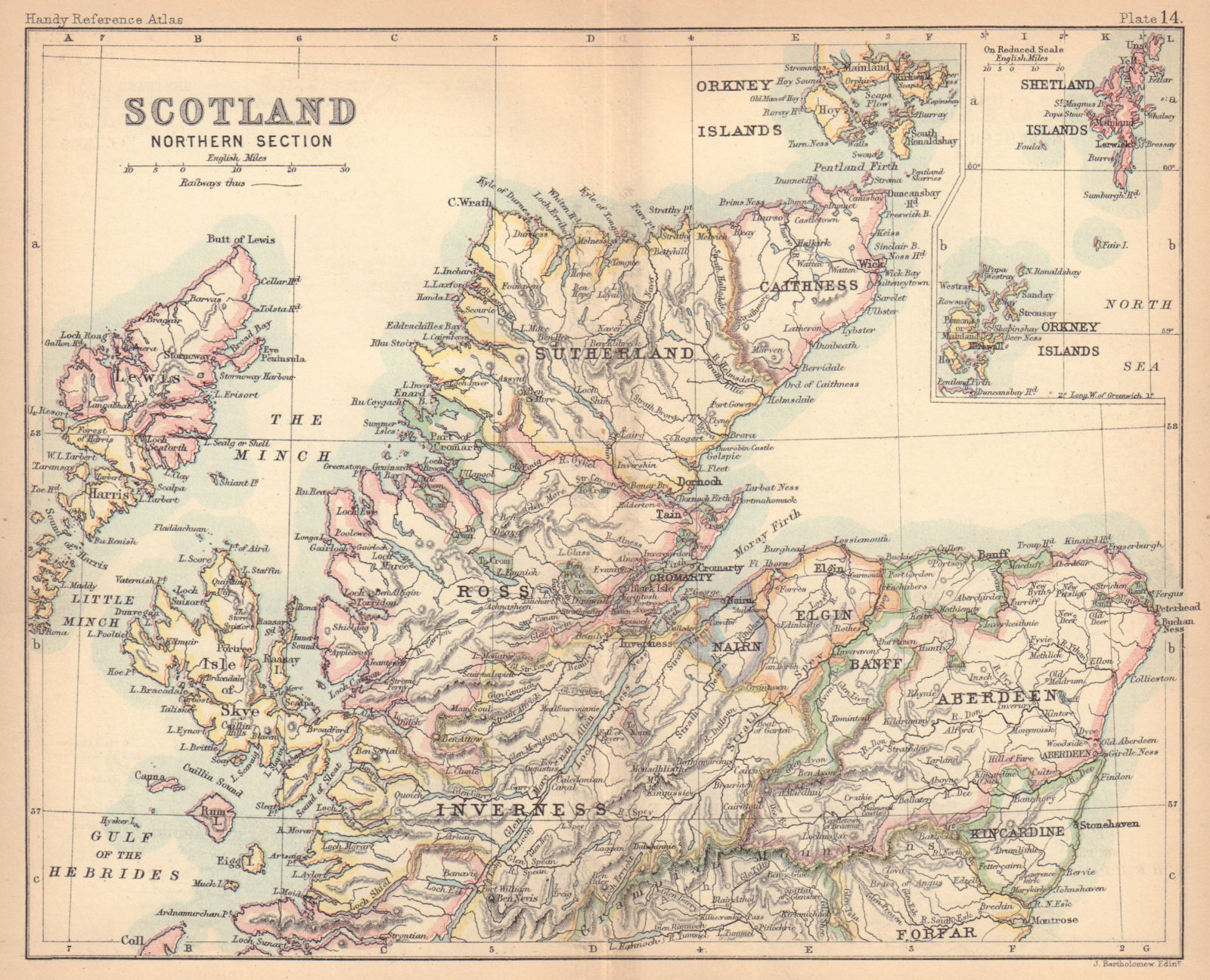 Northern Scotland. Highlands & Islands. BARTHOLOMEW 1888 old antique map chart
