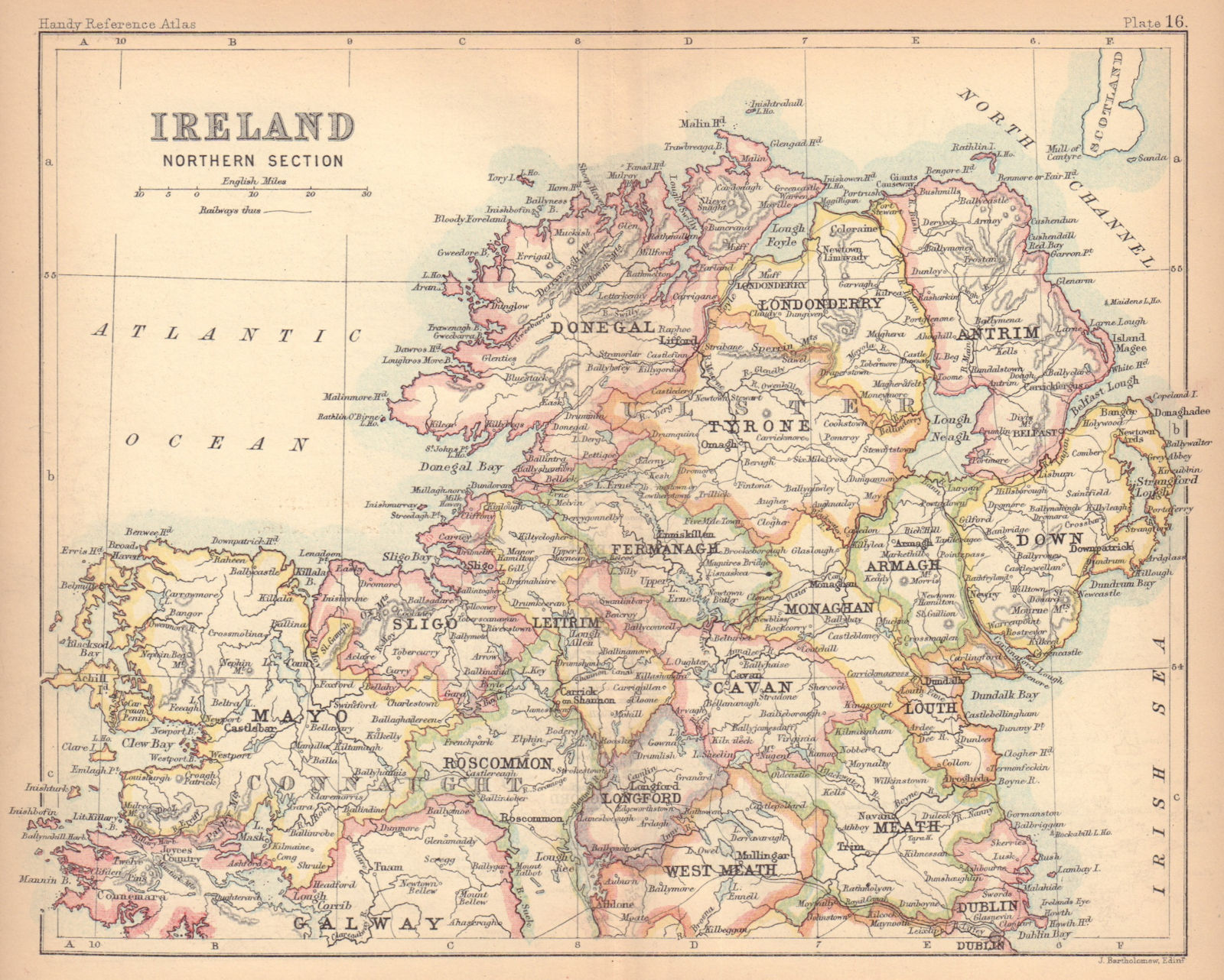 Ireland, Northern Section. Ulster. BARTHOLOMEW 1888 old antique map plan chart