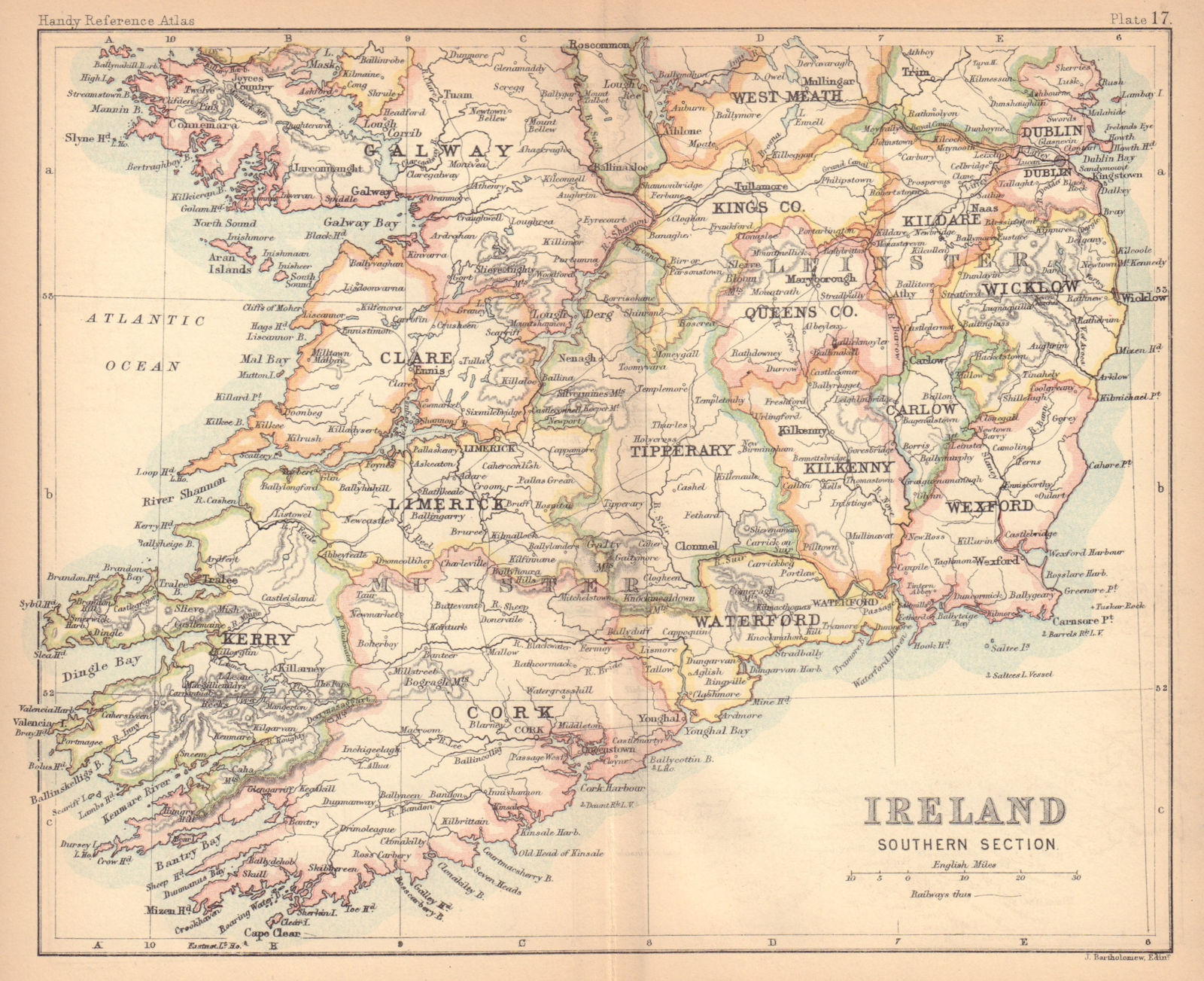 Ireland, Southern section. BARTHOLOMEW 1888 old antique vintage map plan chart