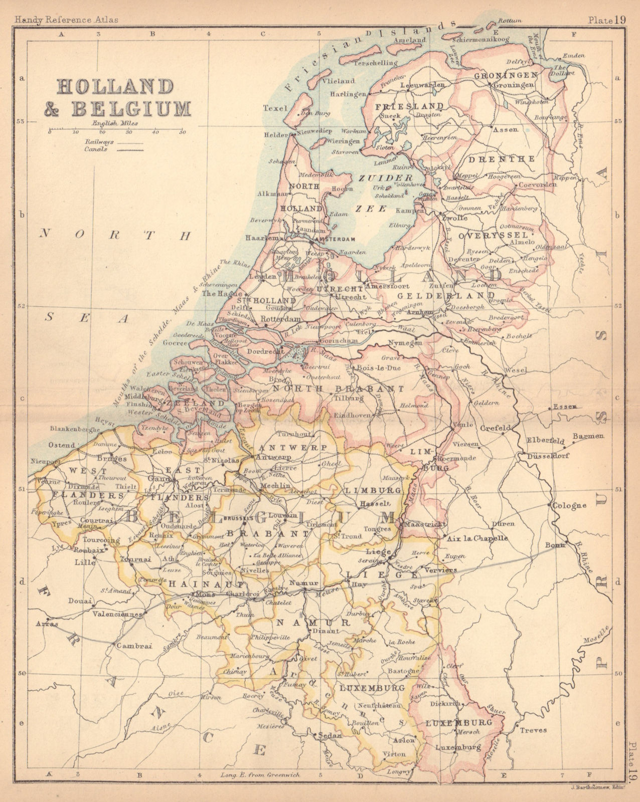 Holland & Belgium. Netherlands. BARTHOLOMEW 1888 old antique map plan chart
