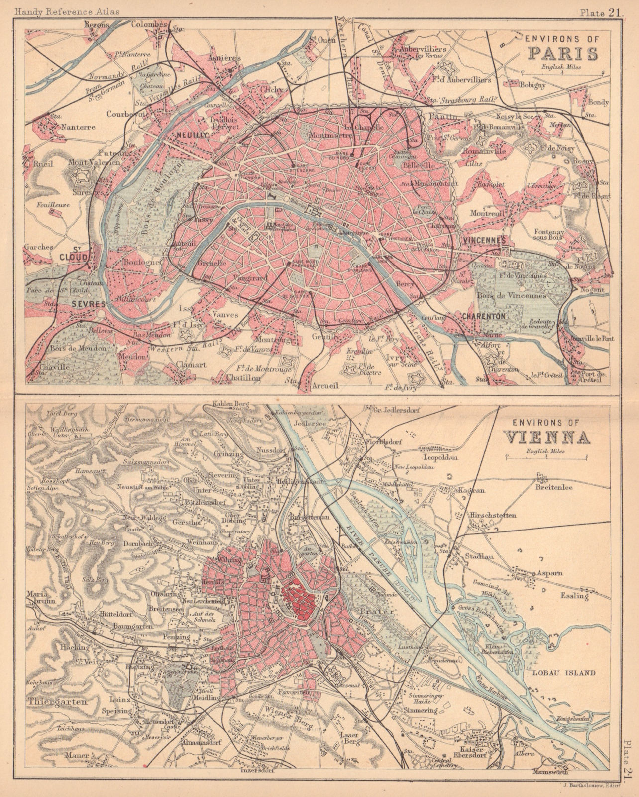 Environs of Paris & Vienna. City sketch plans. BARTHOLOMEW 1888 old map