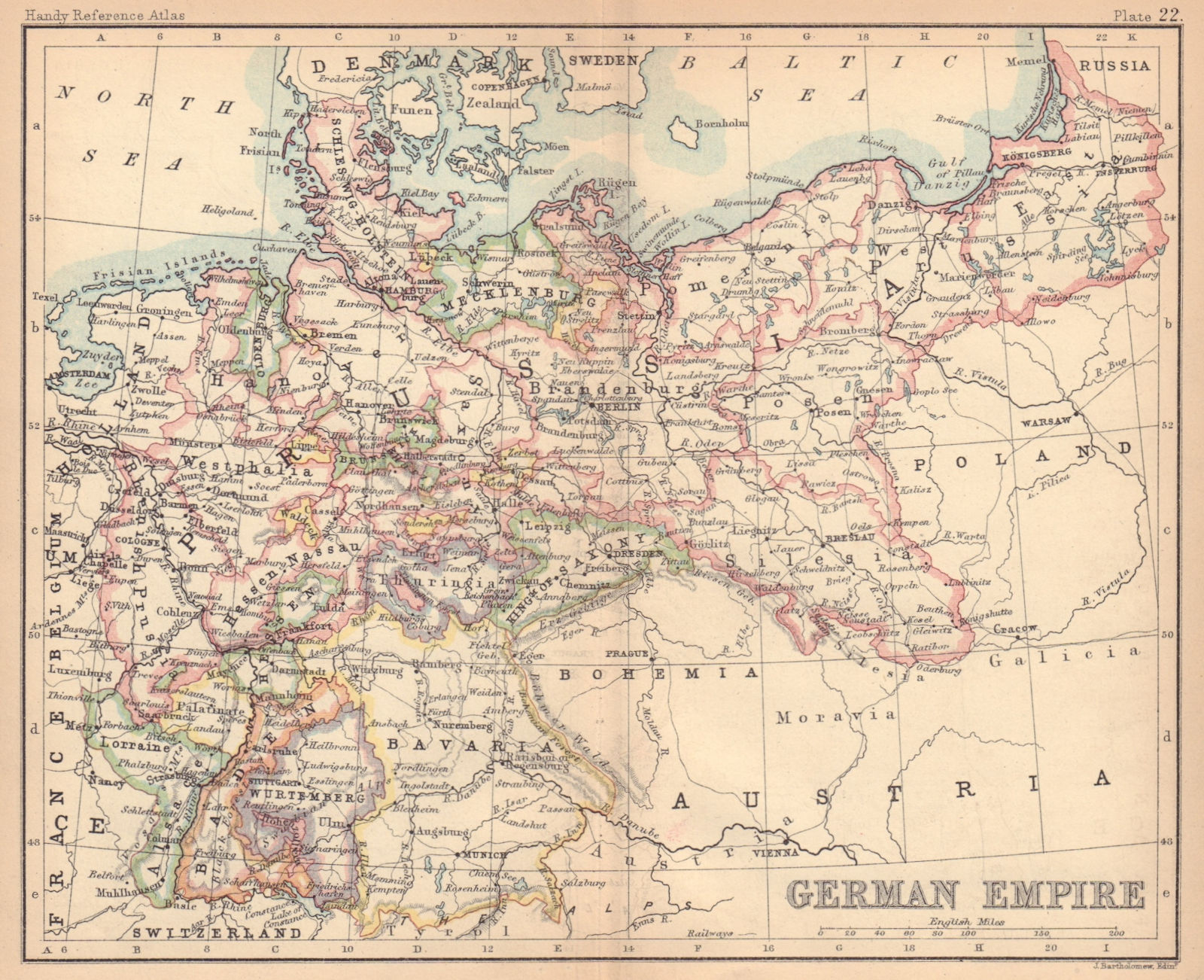 Associate Product German Empire. Germany Prussia Poland. BARTHOLOMEW 1888 old antique map chart