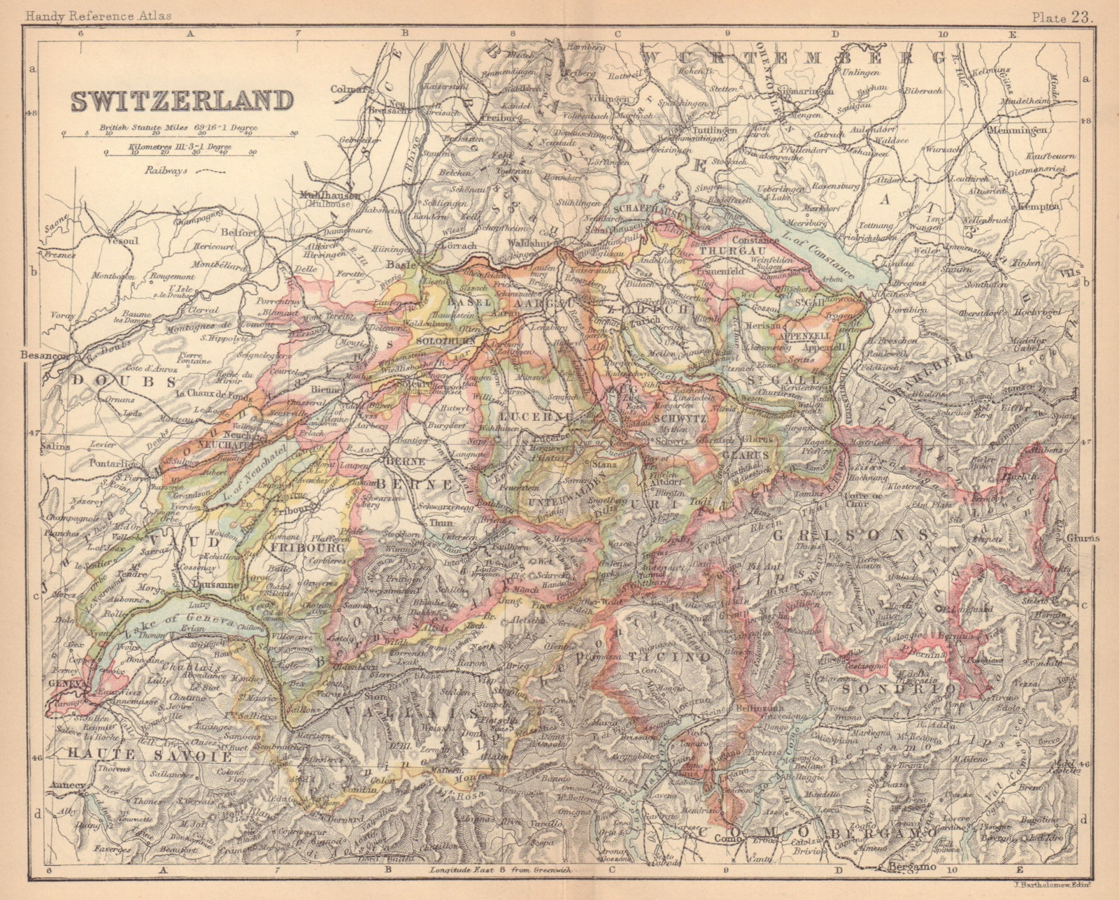 Switzerland in cantons. BARTHOLOMEW 1888 old antique vintage map plan chart