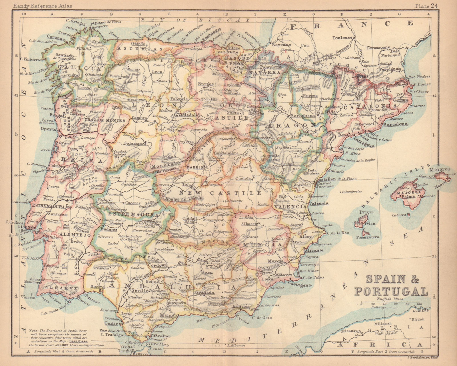 Spain & Portugal. Iberia. BARTHOLOMEW 1888 old antique vintage map plan chart