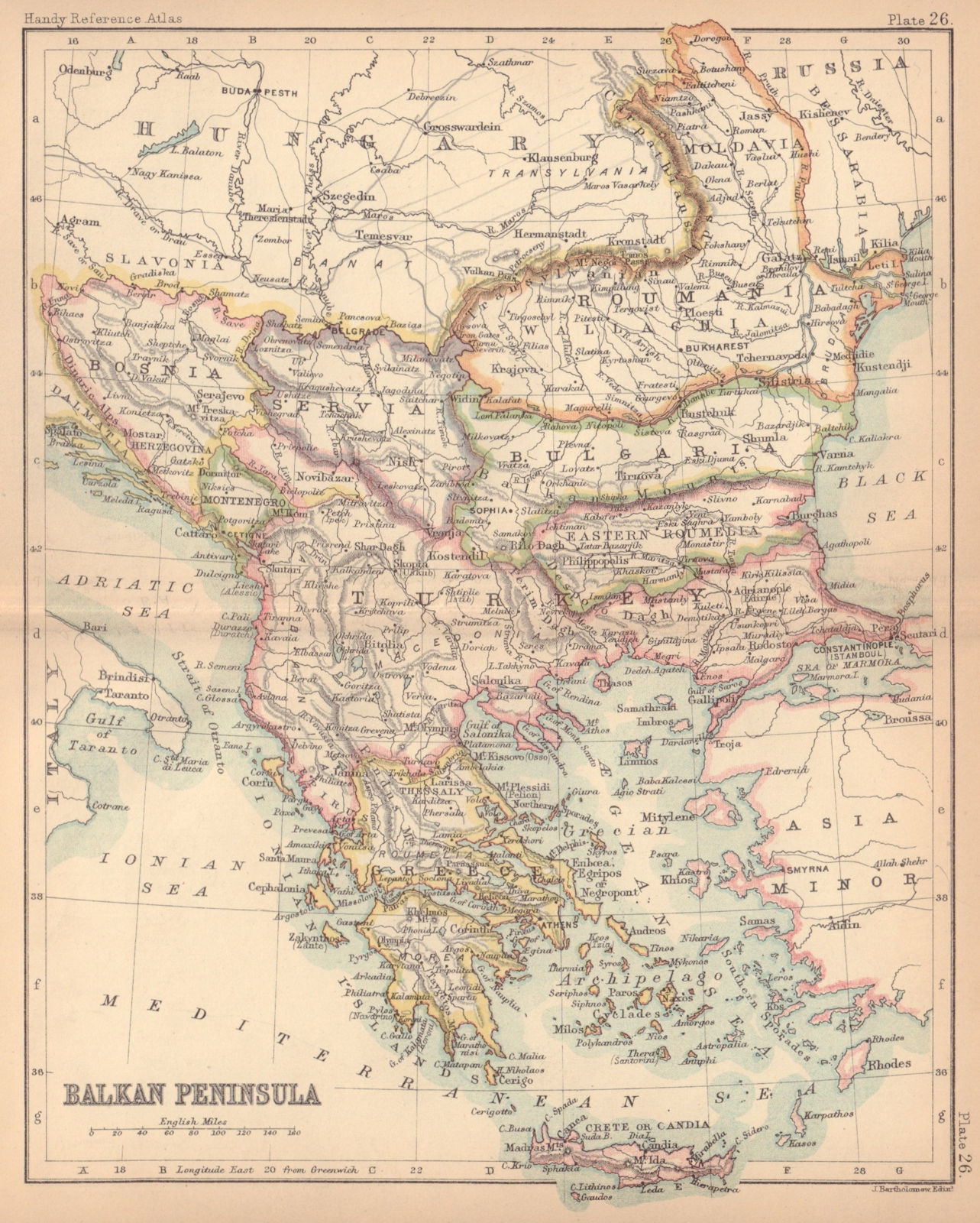 Balkan Peninsula. Greece Turkey in Europe Roumania. BARTHOLOMEW 1888 old map