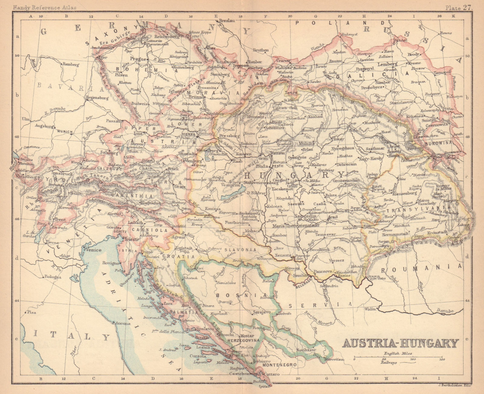 Associate Product Austria-Hungary. Dalmatia Galicia Bohemia. BARTHOLOMEW 1888 old antique map