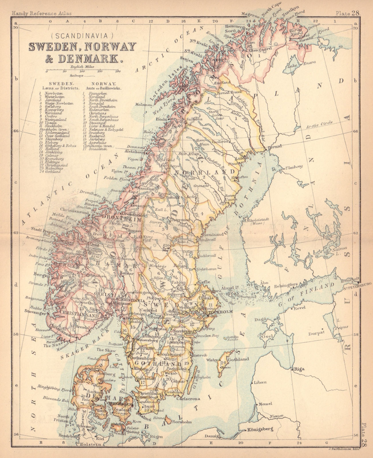 Sweden, Norway, & Denmark. Scandinavia. BARTHOLOMEW 1888 old antique map chart