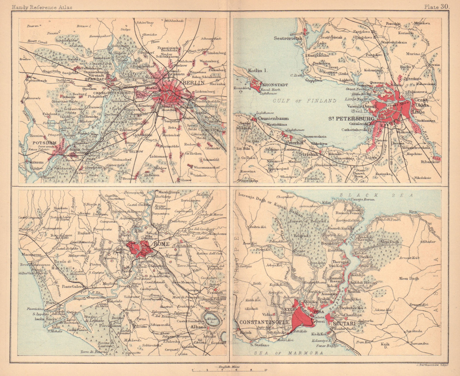 Berlin Rome St. Petersburg Constantinople environs. BARTHOLOMEW 1888 old map