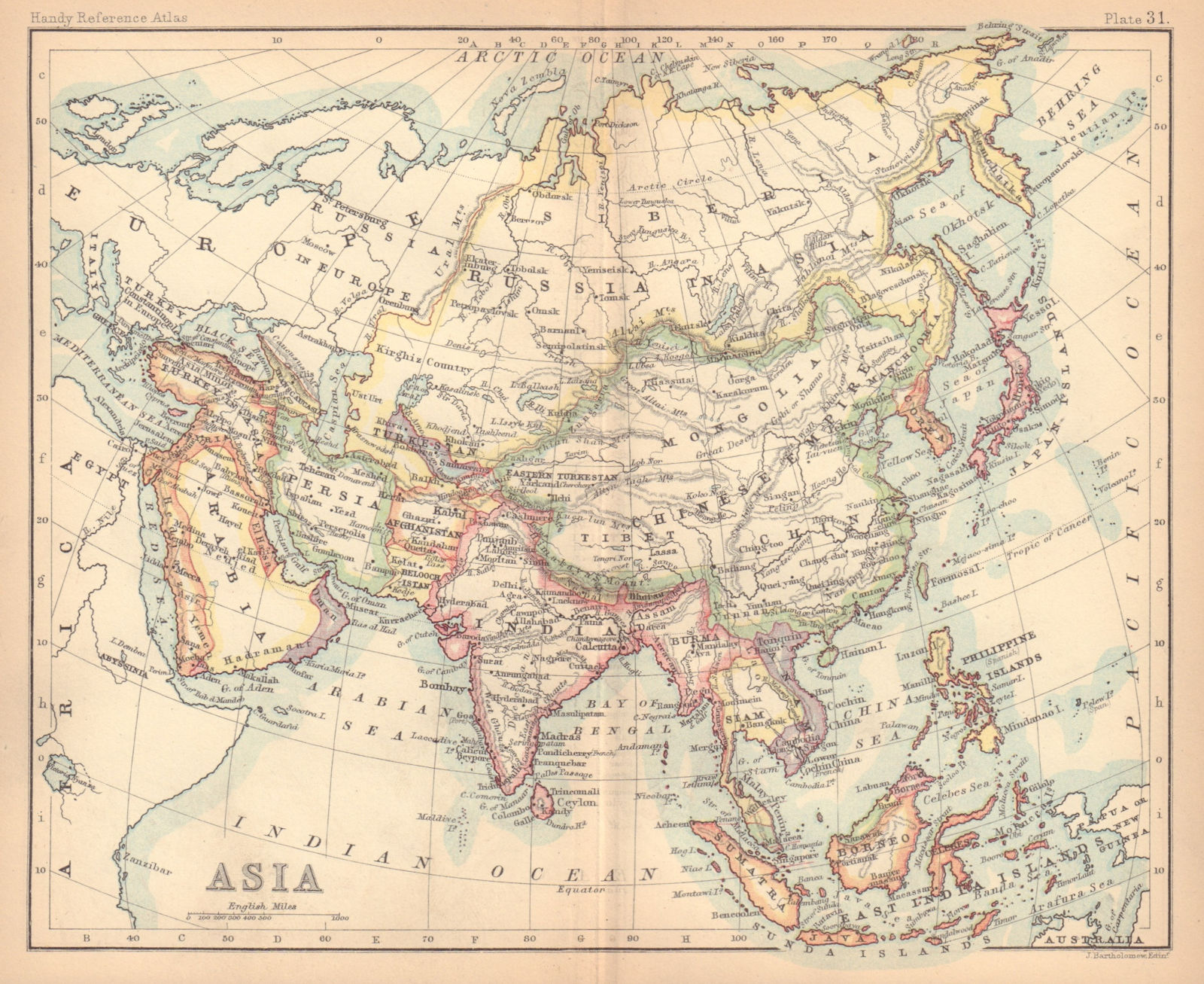 Asia. Persia Siam Anam China Corea. BARTHOLOMEW 1888 old antique map chart