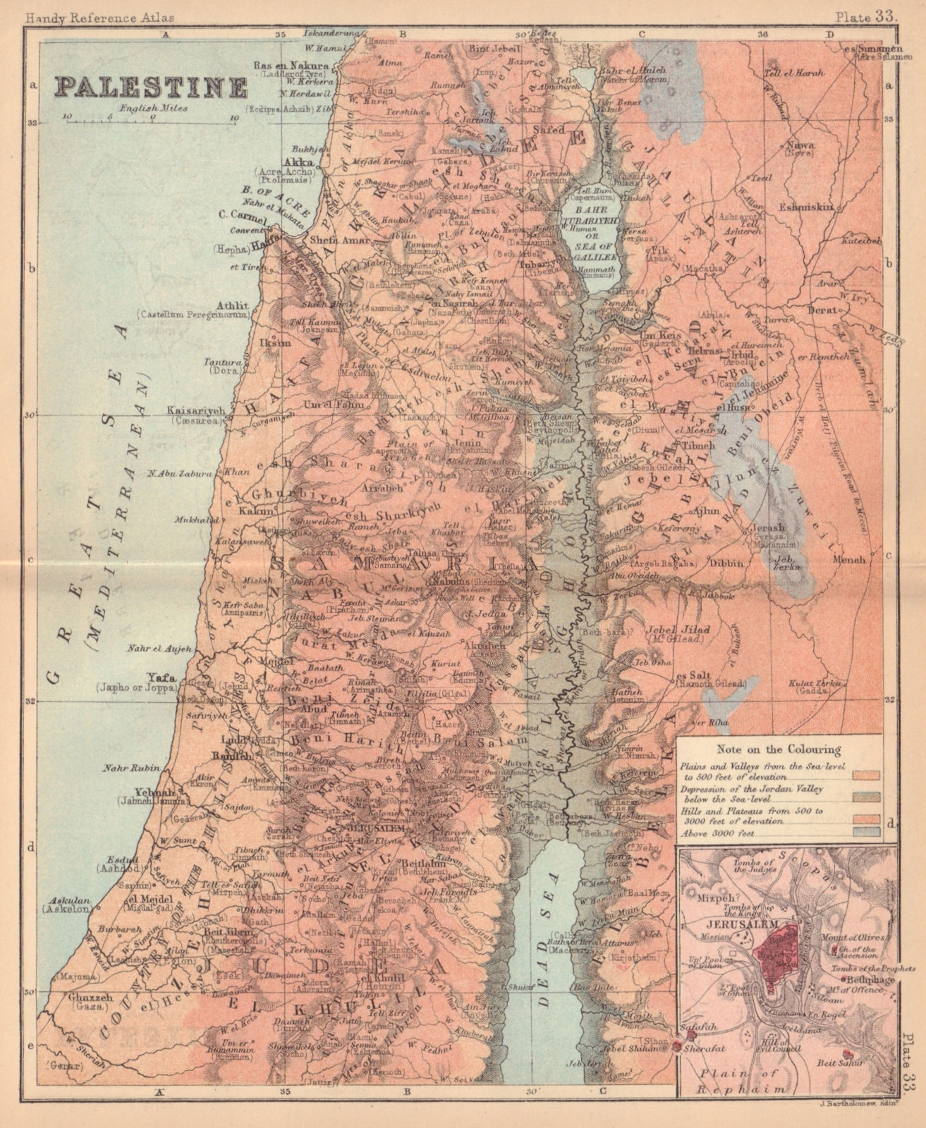 Palestine. Israel Jordan. BARTHOLOMEW 1888 old antique vintage map plan chart