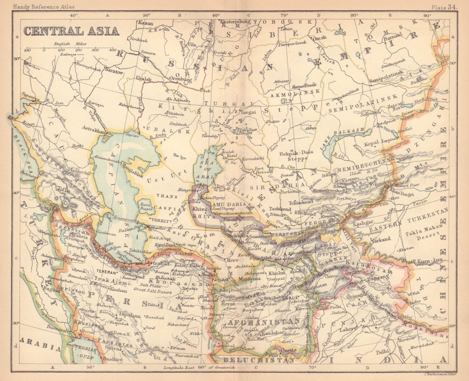 Central Asia. Persia Afghanistan Khiva Bokhara. BARTHOLOMEW 1888 old map