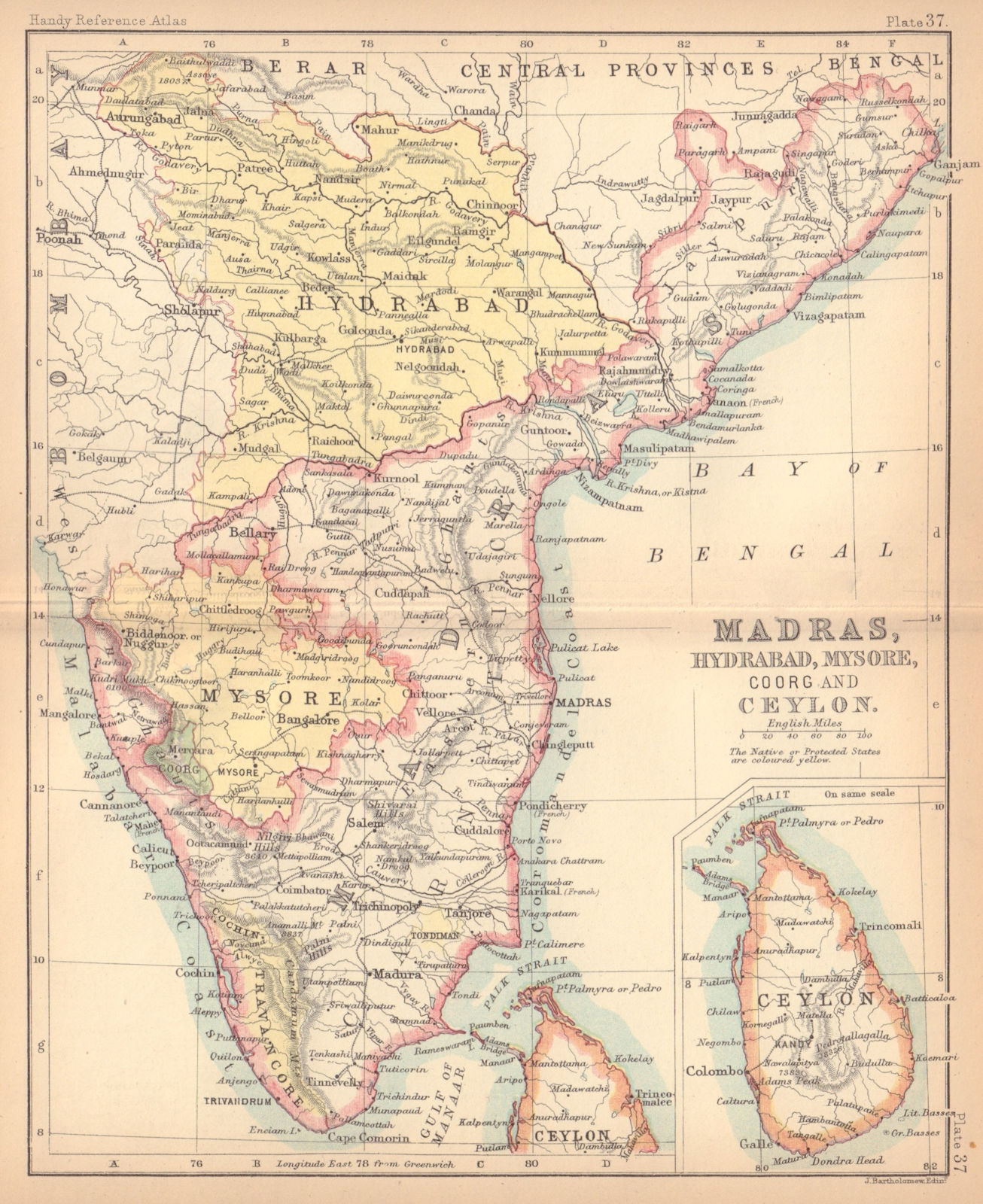 British India South. Madras Hydrabad Mysore Coorg Ceylon. BARTHOLOMEW 1888 map