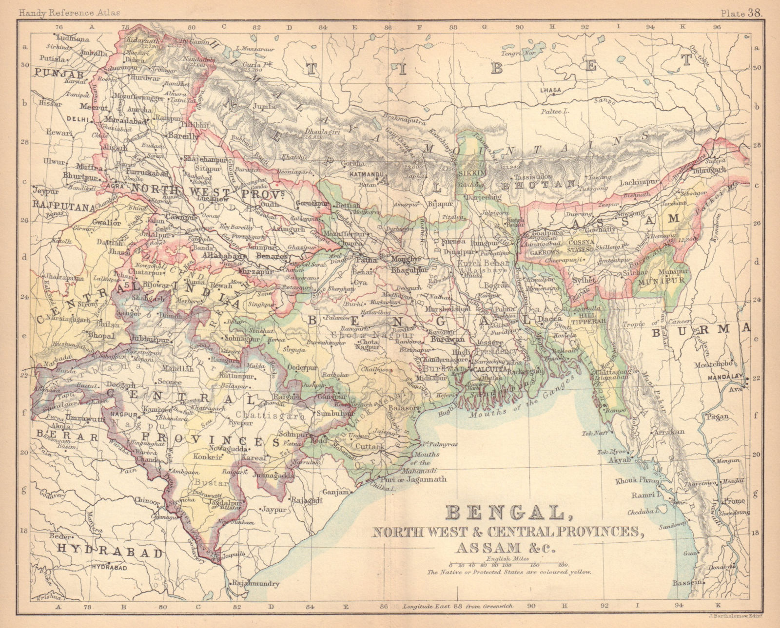 British India East Bengal Northwest/Central Provinces Assam BARTHOLOMEW 1888 map