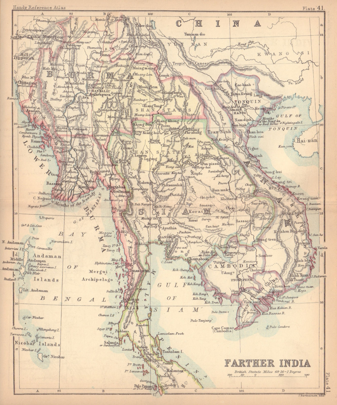 Farther India. Indochina Siam Burma Shan States Anam. BARTHOLOMEW 1888 old map
