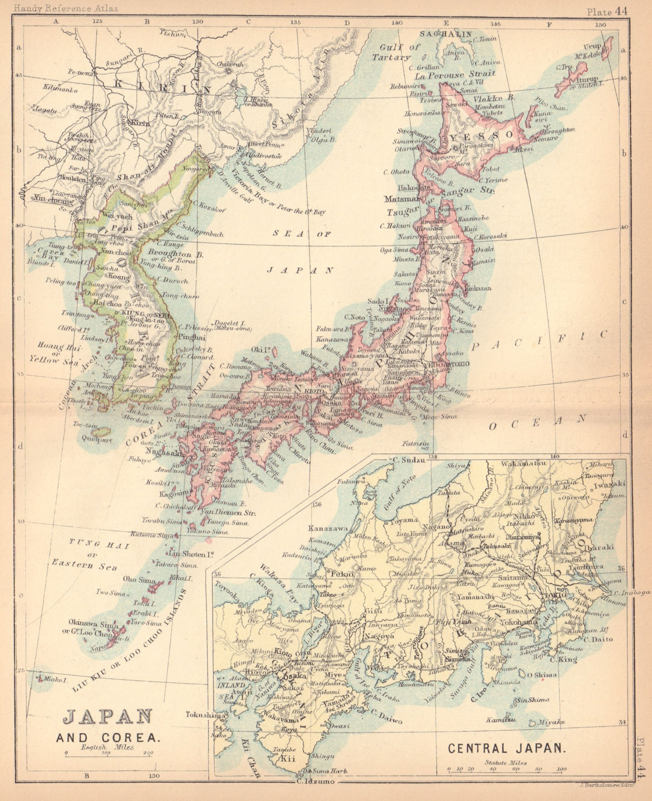 Japan & Corea antique map. BARTHOLOMEW 1888 old vintage plan chart