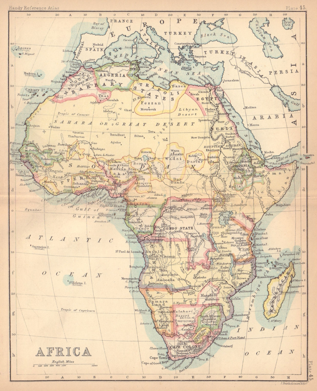 Colonial Africa. Antique map. BARTHOLOMEW 1888 old plan chart