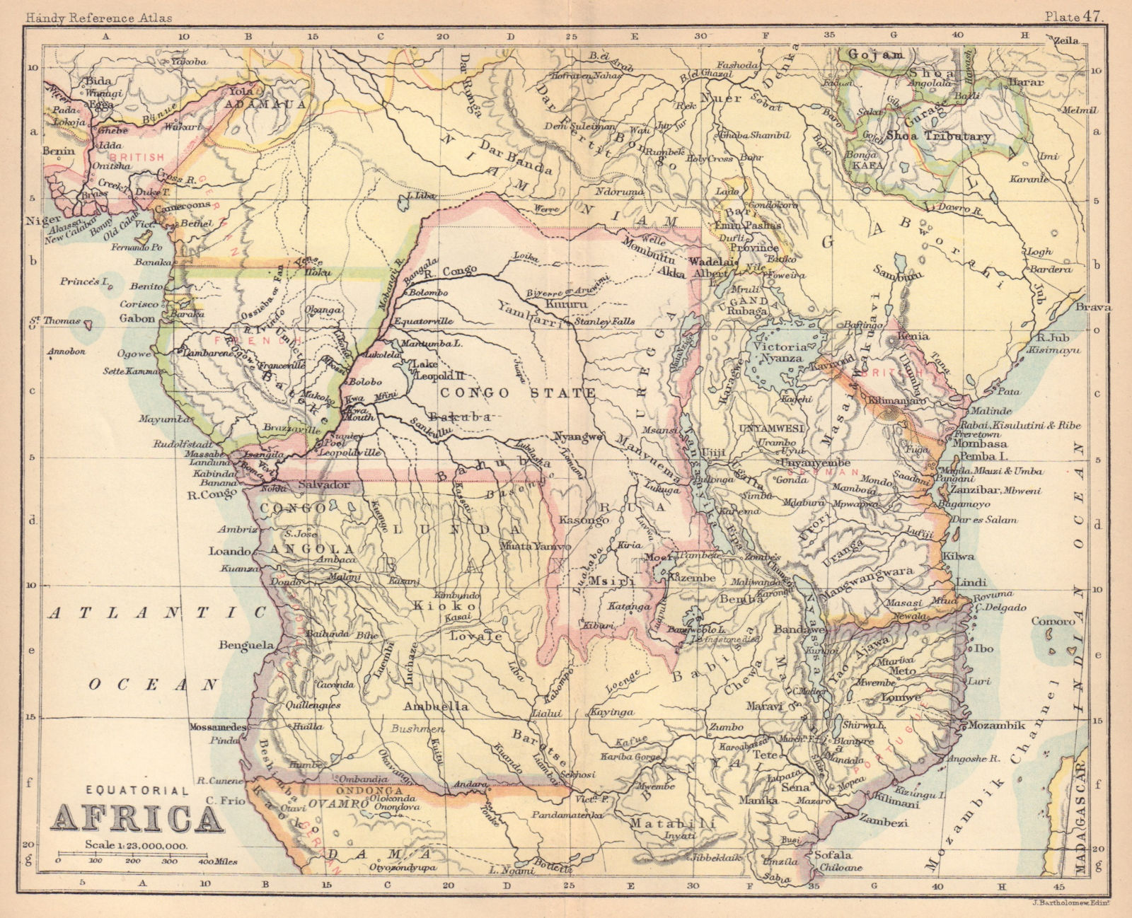 Colonial Equatorial / Central Africa. Congo Angola. BARTHOLOMEW 1888 old map