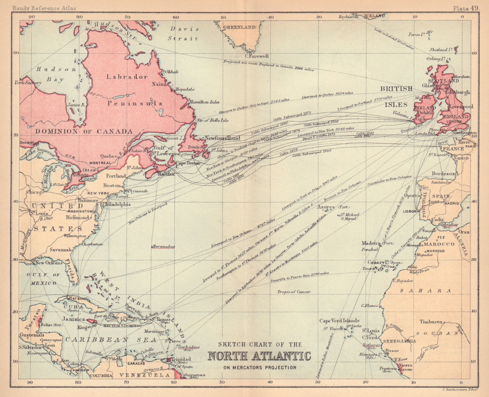 Chart of the North Atlantic. Shipping routes. Telegraphs. BARTHOLOMEW 1888 map
