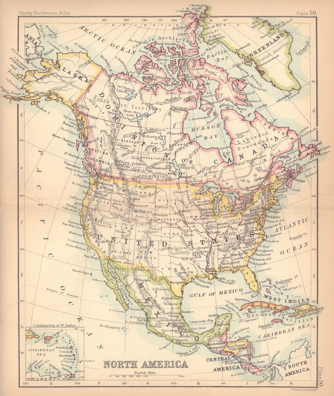 North America. United States Canada Mexico. BARTHOLOMEW 1888 old antique map