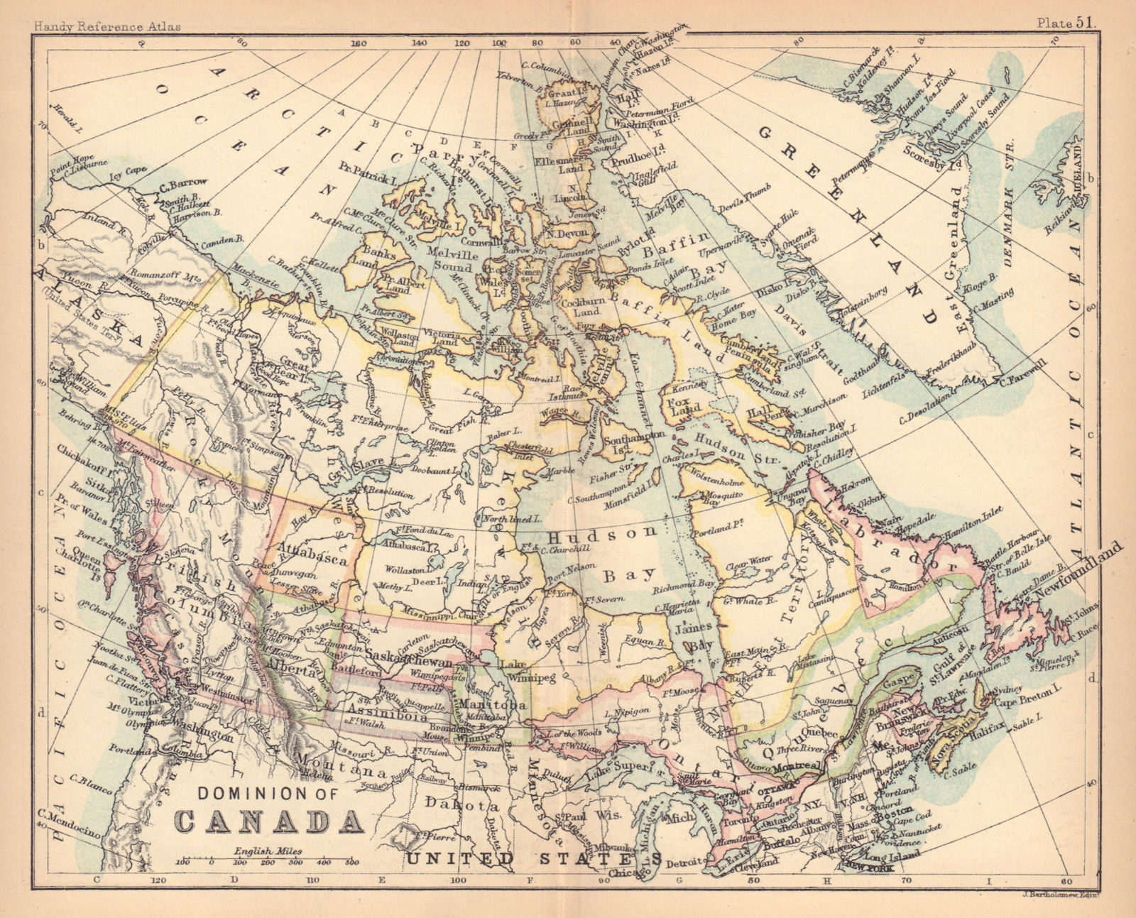 Associate Product Dominion of Canada. Manitoba postage stamp. Athabasca. BARTHOLOMEW 1888 map